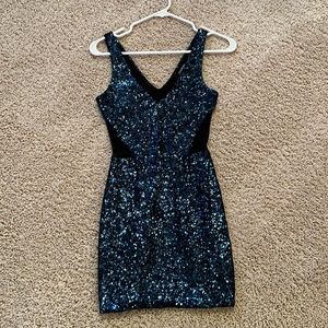 Bebe Navy sequin with mesh cutouts dress